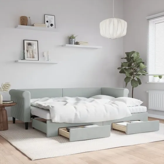 Daybed med udtrk & skuffer 80x200 cm - Lysegr velour