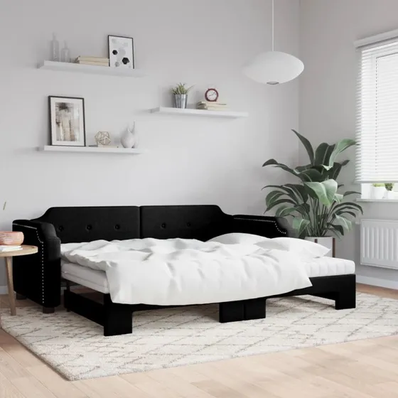 Daybed med udtrk & madras 90x200 cm, stof sort