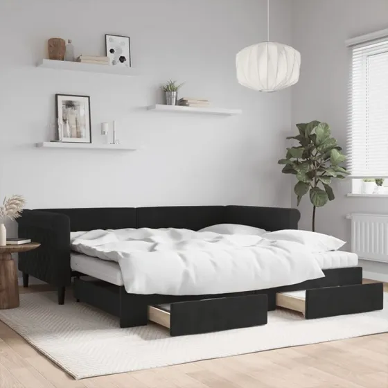 Daybed med udtrk & skuffer 100x200 cm - Sort velour