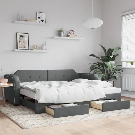 Daybed med udtrk og skuffer 90x200 cm - mrkegr stof