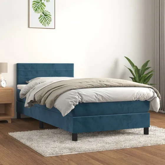 Kontinentalseng 90x190 cm i mørkeblå fløjl med pocketmadras