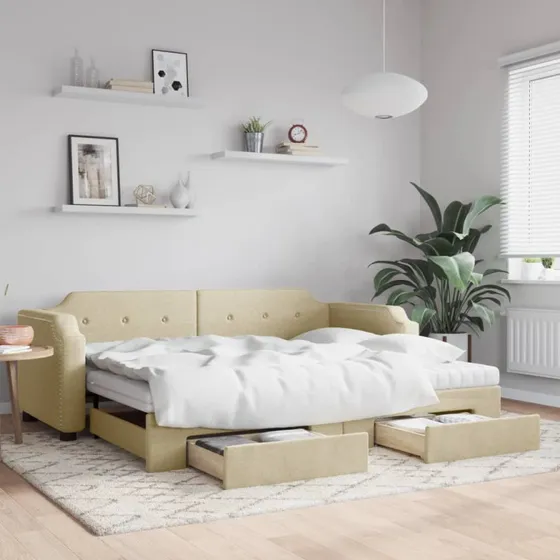 Daybed med udtrk og skuffer 80x200 cm - creme stof