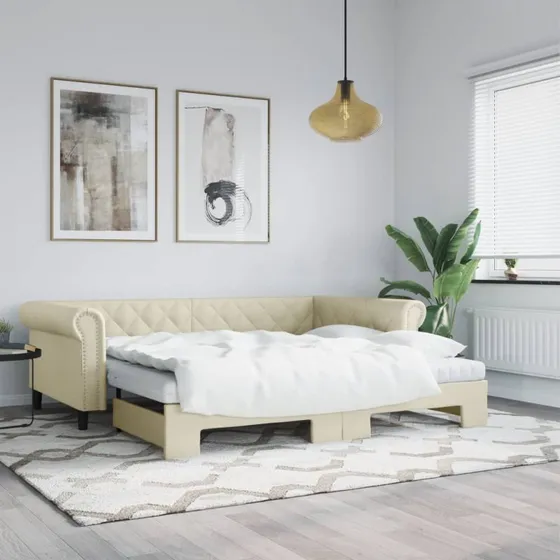 Daybed med udtræk 90x200 cm i creme kunstlæder