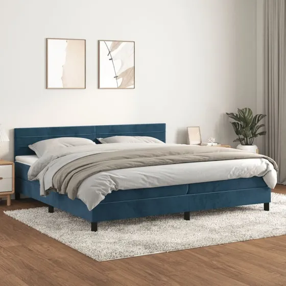 Kontinentalseng 200x200 cm i mørkeblå fløjl med pocketmadras