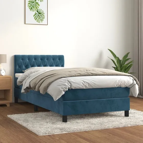 Kontinentalseng 90x190 cm i mørkeblå fløjl med pocketmadras