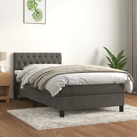 Kontinentalseng 90x200 cm i mørkegrå fløjl med madras