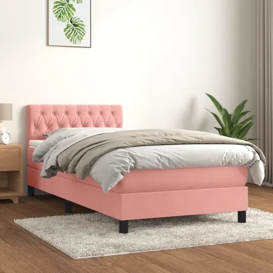 Kontinentalseng 100x200 cm i lyserød fløjl med pocketmadras
