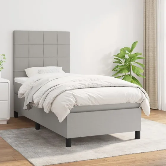 Kontinentalseng 100x200 cm i lysegråt stof med pocketmadras
