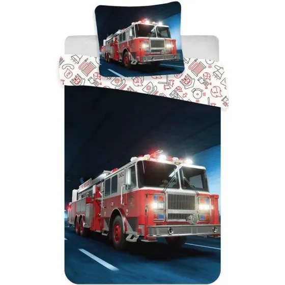 Junior sengetøj 100x140 cm – Brandbil vendbar i 100% bomuld