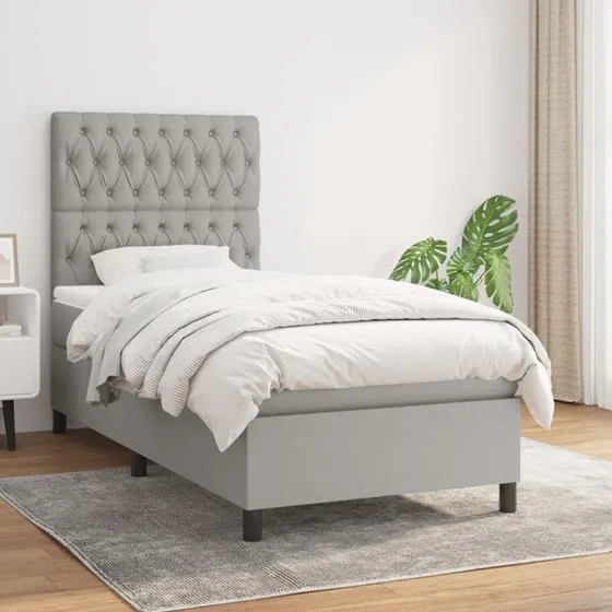 Kontinentalseng 100x200 cm i lysegråt stof med pocketmadras
