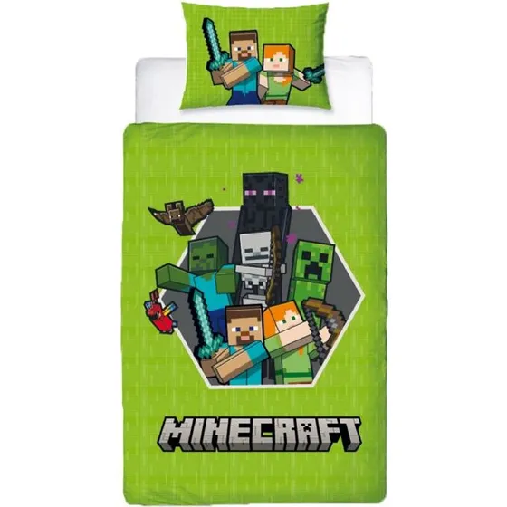 Minecraft sengetøj 140x200 100% bomuld - vendbart design, grøn