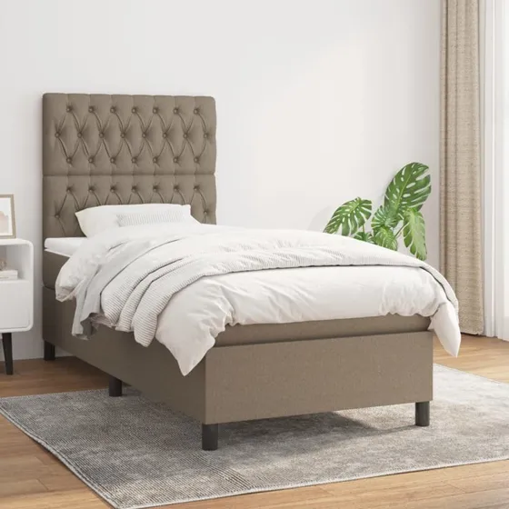 Kontinentalseng 90x190 cm i gråbrun stof med pocketmadras