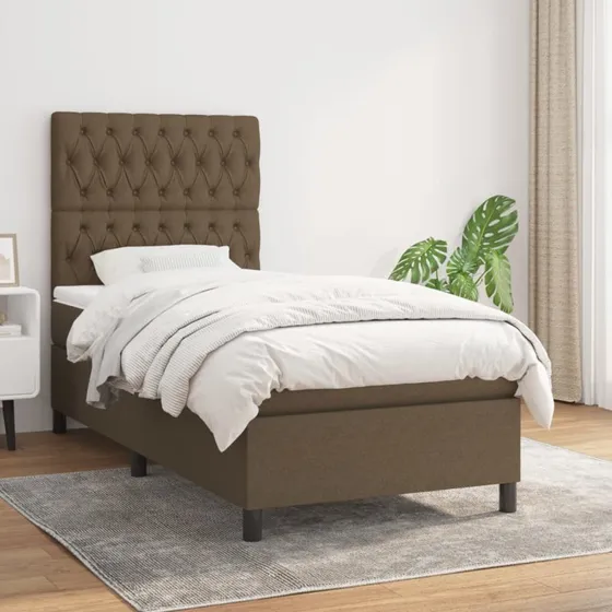 Kontinentalseng 90x200 cm i mørkebrun stof med pocketmadras