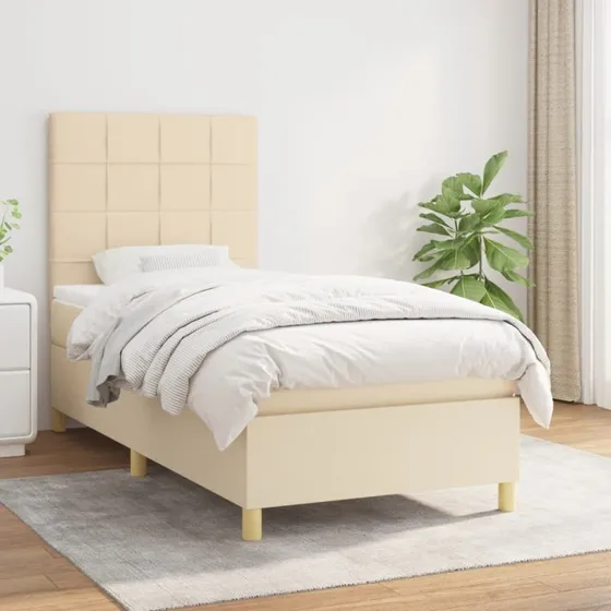 Kontinentalseng 90x200 cm i creme stof med pocketmadras