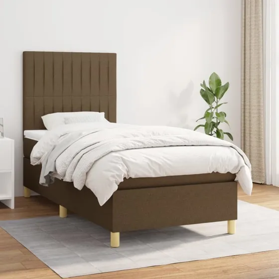 Kontinentalseng 100x200 cm i mørkebrunt stof med madras