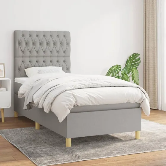 Kontinentalseng 90x200 cm i lysegråt stof med pocketmadras