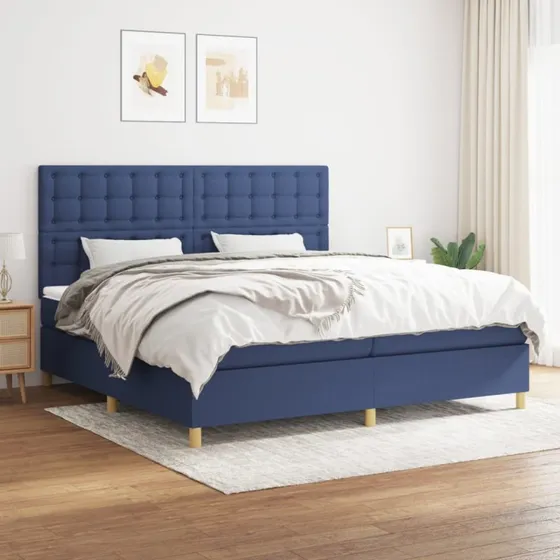 Kontinentalseng 200x200 cm – Blå stof med pocketmadras
