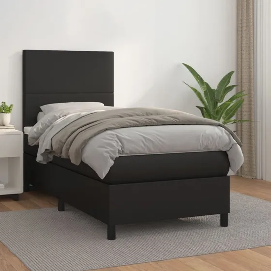 Kontinentalseng 90x200 cm i sort kunstlæder med madras