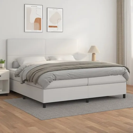 Kontinentalseng 200x200 cm i hvidt kunstlæder