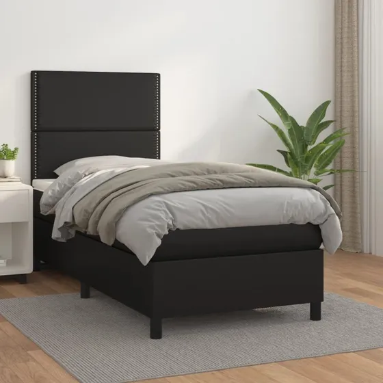 Kontinentalseng 90x190 cm i sort kunstlæder med madras