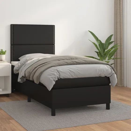 Kontinentalseng 90x200 cm i sort kunstlæder med madras