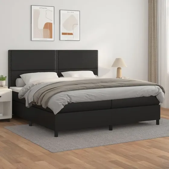 Kontinentalseng 200x200 cm i sort kunstlæder med madras