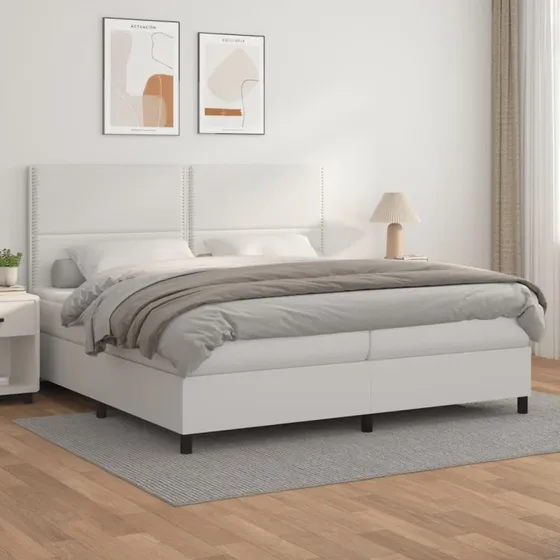 Kontinentalseng 200x200 cm i hvidt kunstlæder