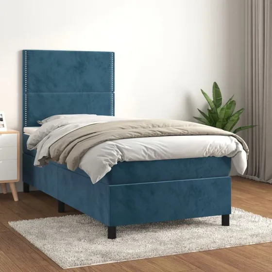 Kontinentalseng 90x190 cm i mørkeblå fløjl med pocketmadras