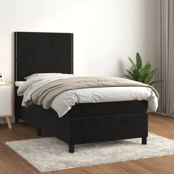 Kontinentalseng 90x200 cm i sort fløjl med pocketmadras