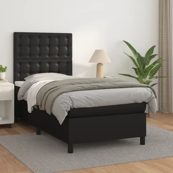 Kontinentalseng 90x200 cm i sort kunstlæder med madras