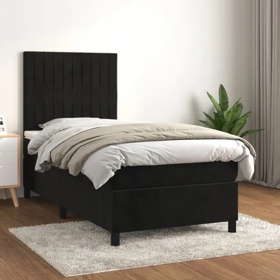 Kontinentalseng 90x200 cm i sort fløjl med pocketmadras