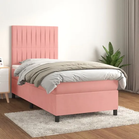Kontinentalseng 90x200 fløjl lyserød med pocketmadras