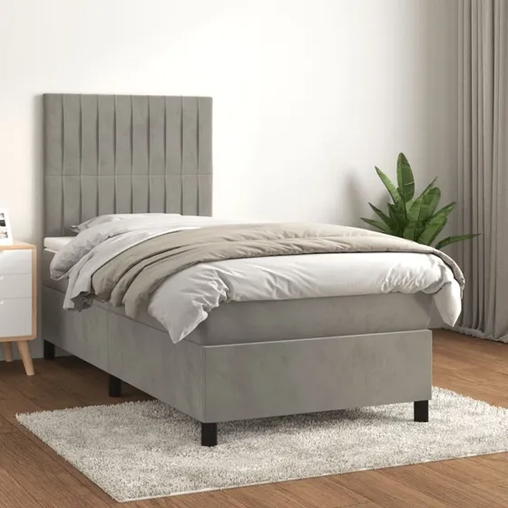 Kontinentalseng 100x200 cm med madras - lysegrå fløjl