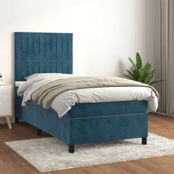 Kontinentalseng 100x200 cm i mørkeblå fløjl med pocketmadras