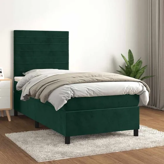 Kontinentalseng 90x190 cm i mørkegrøn fløjl med pocketmadras