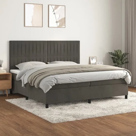 Kontinentalseng 200x200 cm i mørkegrå fløjl med pocketmadras