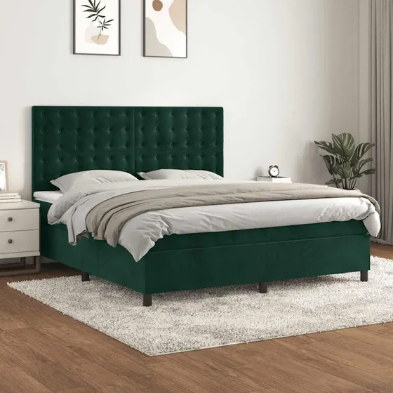 Kontinentalseng 160x200 cm med pocketmadras - fløjl mørkegrøn