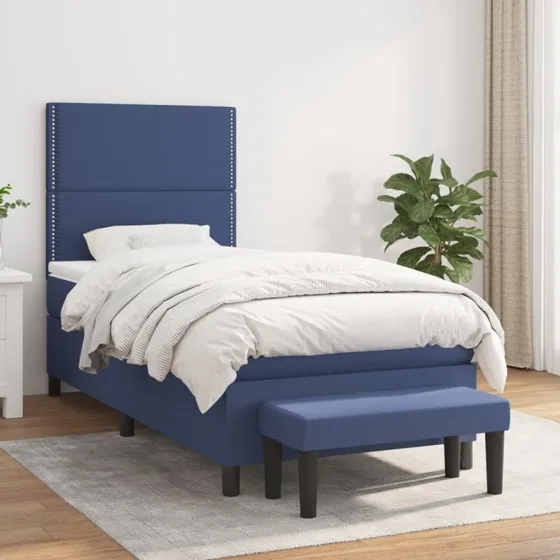 Kontinentalseng 90x190 cm med pocketmadras i blåt stof