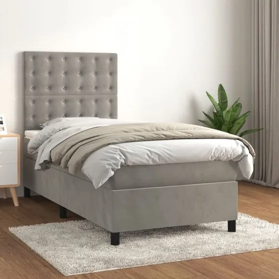 Kontinentalseng 90x200 cm i lysegrå fløjl med madras