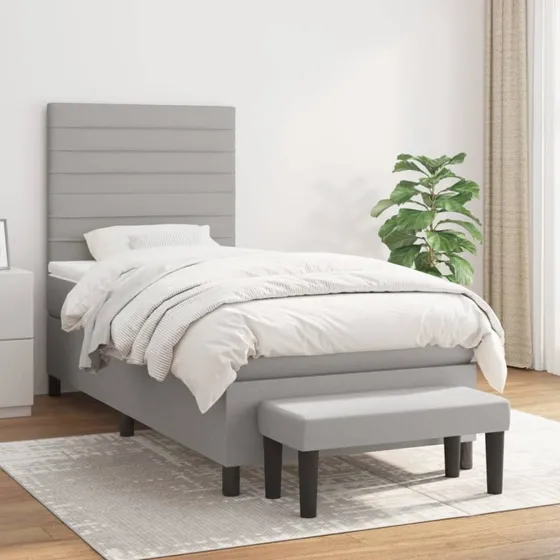 Kontinentalseng 100x200 cm i lysegråt stof med pocketmadras