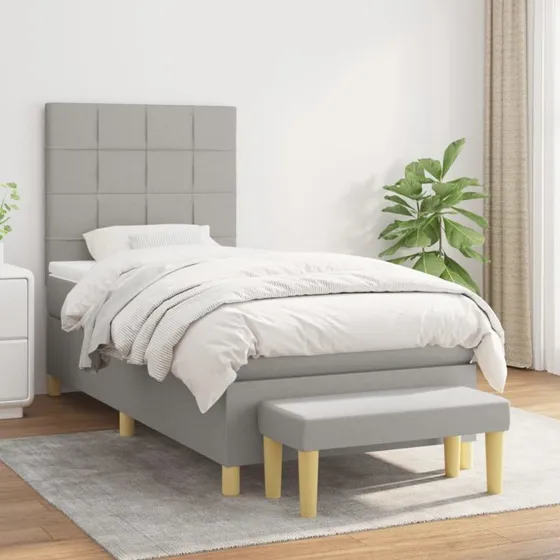 Kontinentalseng 100x200 cm i lysegråt stof med pocketmadras