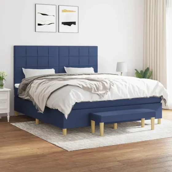 Kontinentalseng 160x200 cm – blå stof med pocketmadras