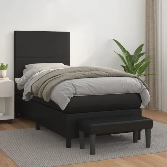 Kontinentalseng 90x200 cm i sort kunstlæder med madras