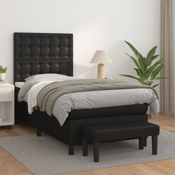 Kontinentalseng 90x200 cm i sort kunstlæder (med madras)