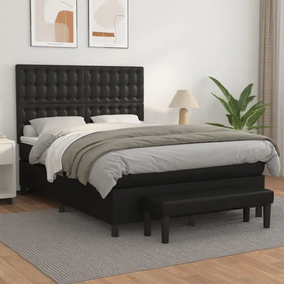 Kontinentalseng 140x190 med madras - sort kunstlæder