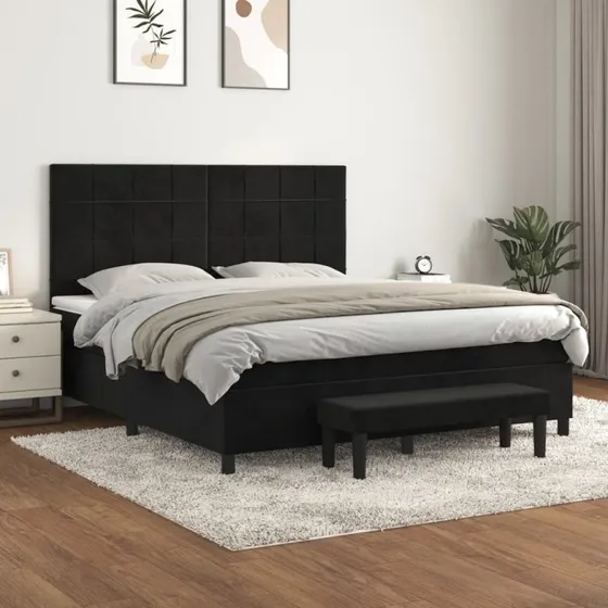 Kontinentalseng 160x200 fløjl sort med pocketmadras
