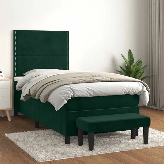 Kontinentalseng 90x190 cm i mørkegrøn fløjl med pocketmadras