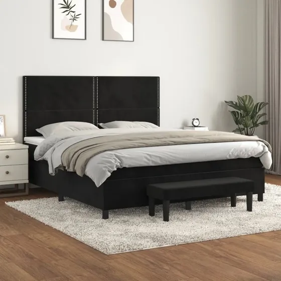 Kontinentalseng 160x200 fløjl sort med pocketmadras