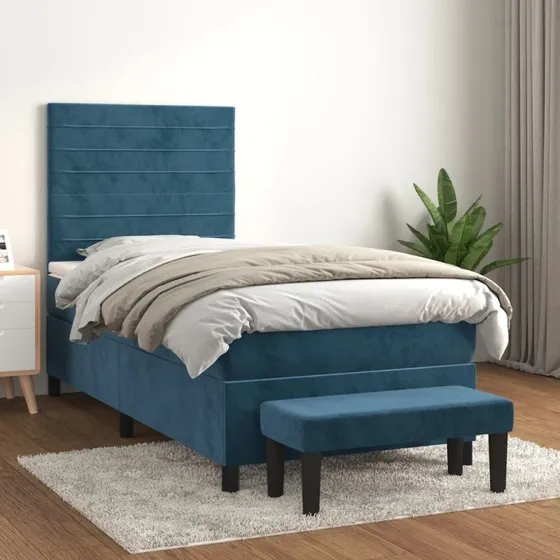 Kontinentalseng 100x200 cm i mørkeblå fløjl med madras