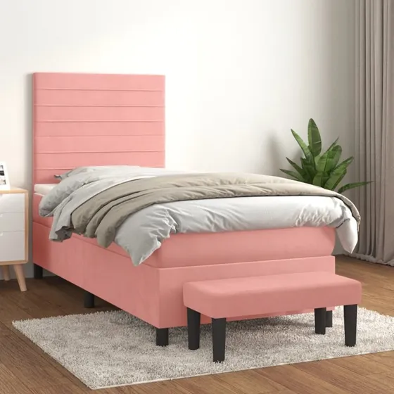 Kontinentalseng 100x200 cm i lyserød fløjl med pocketmadras